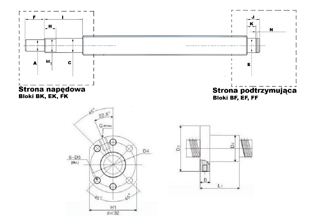 Śruba kulowa z nakrętką SFU1605-1000mm z obróbką pod bloki łożyskujące