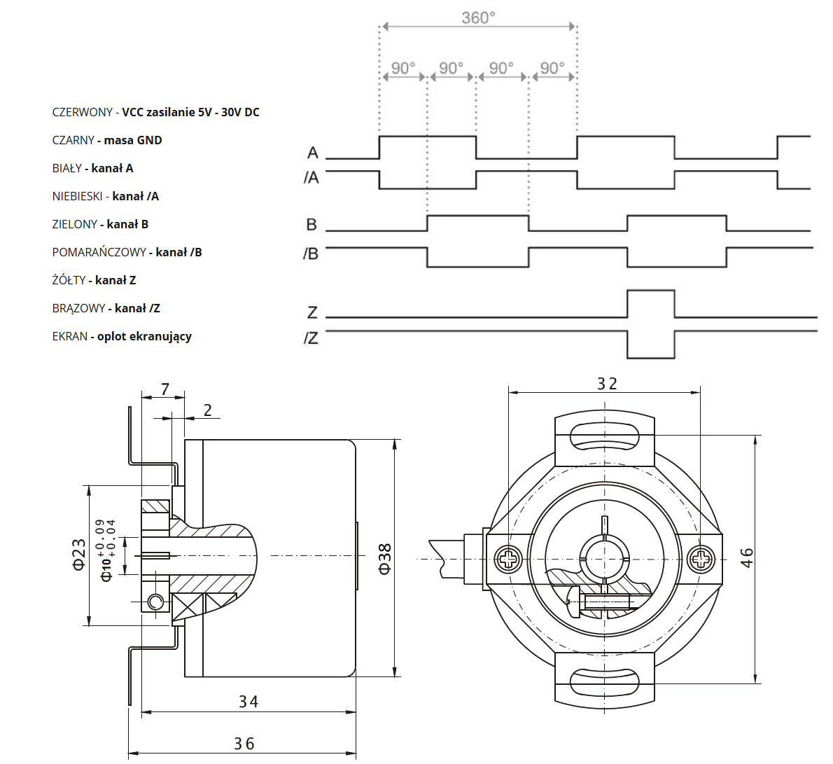 Enkoder inkrementalny obrotowy PKB3808-720-G5-30T, 720 imp/obr, 5-30VDC, fi 38mm, otwór 8mm, Line Driver