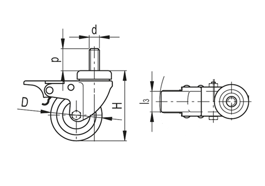 Kółko obrotowe fi 200mm gumowe z hamulcem z gwintowanym trzpieniem, nośność 150 kg N184200DB