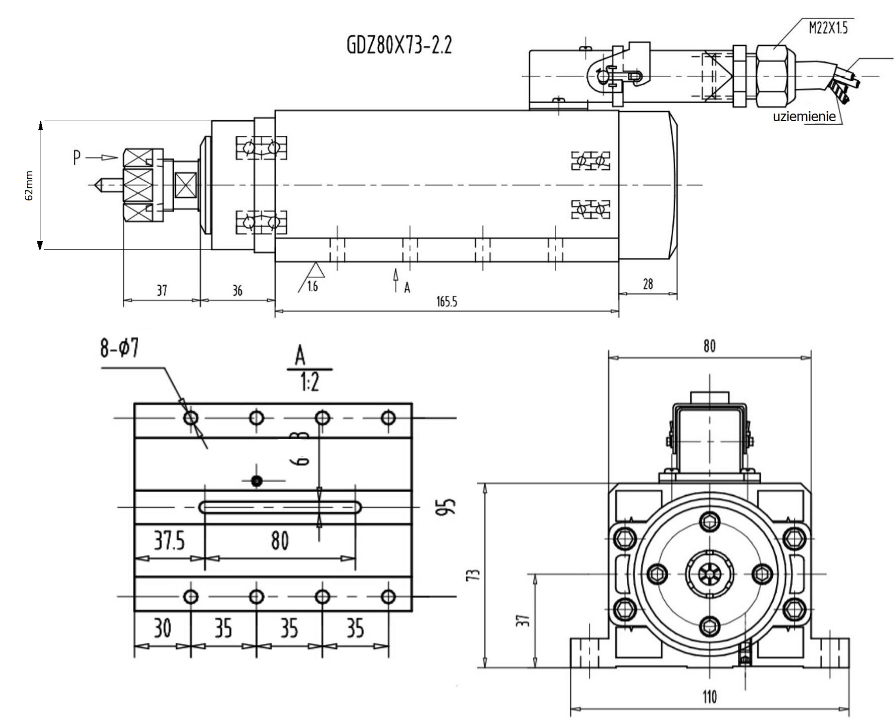 Elektrowrzeciono GDZ80x73 2.2kW 380V 24000rpm 400Hz ER20 DB Elektrowrzeciono GDZ80x73 2.2kW 380V 24000rpm 400Hz ER20 DB