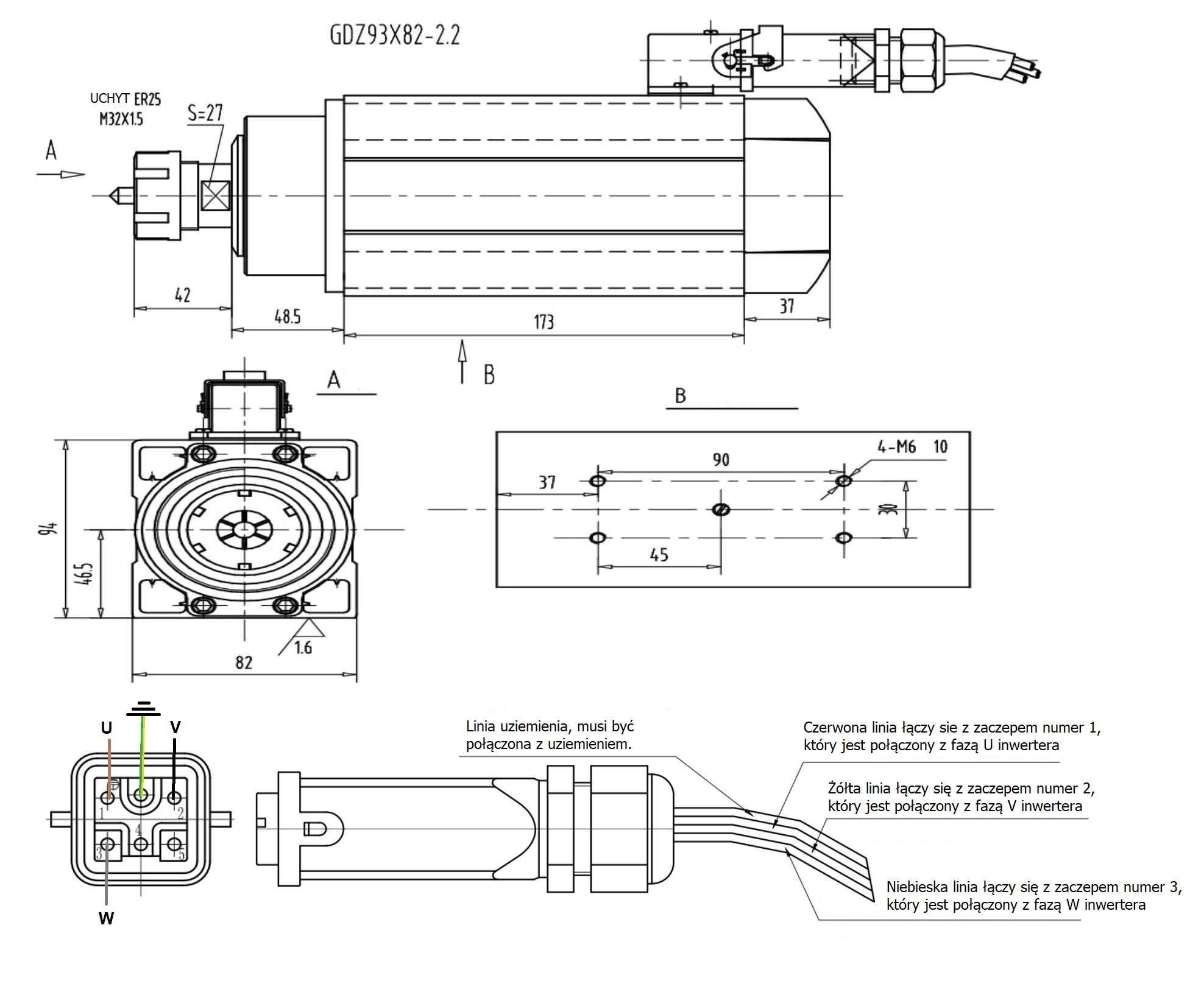 Elektrowrzeciono GDZ93X82 2.2kW 380V 18000rpm 300Hz ER25 DB Elektrowrzeciono GDZ93X82 2.2kW 380V 18000rpm 300Hz ER25 DB