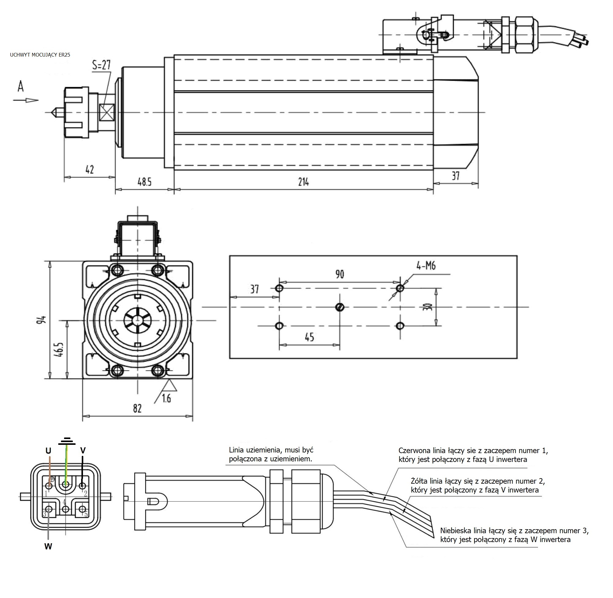 Elektrowrzeciono GDZ93x82 3.5kW 380V 18000rpm 300Hz ER25 DB Elektrowrzeciono GDZ93x82 3.5kW 380V 18000rpm 300Hz ER25 DB
