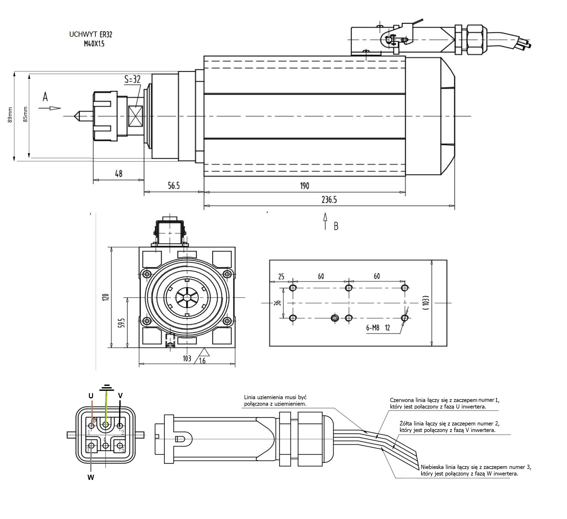 Elektrowrzeciono GDZ120x103 4.5kW 380V 18000rpm 300Hz ER32 Elektrowrzeciono GDZ120x103 4.5kW 380V 18000rpm 300Hz ER32