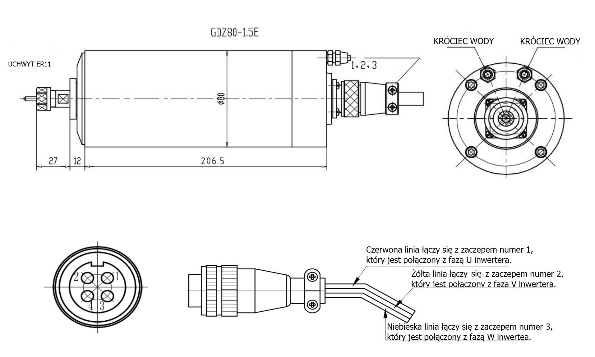Elektrowrzeciono GDZ80 1.5kW 230V 24000rpm 400Hz ER16 Elektrowrzeciono GDZ80 1.5kW 230V 24000rpm 400Hz ER16
