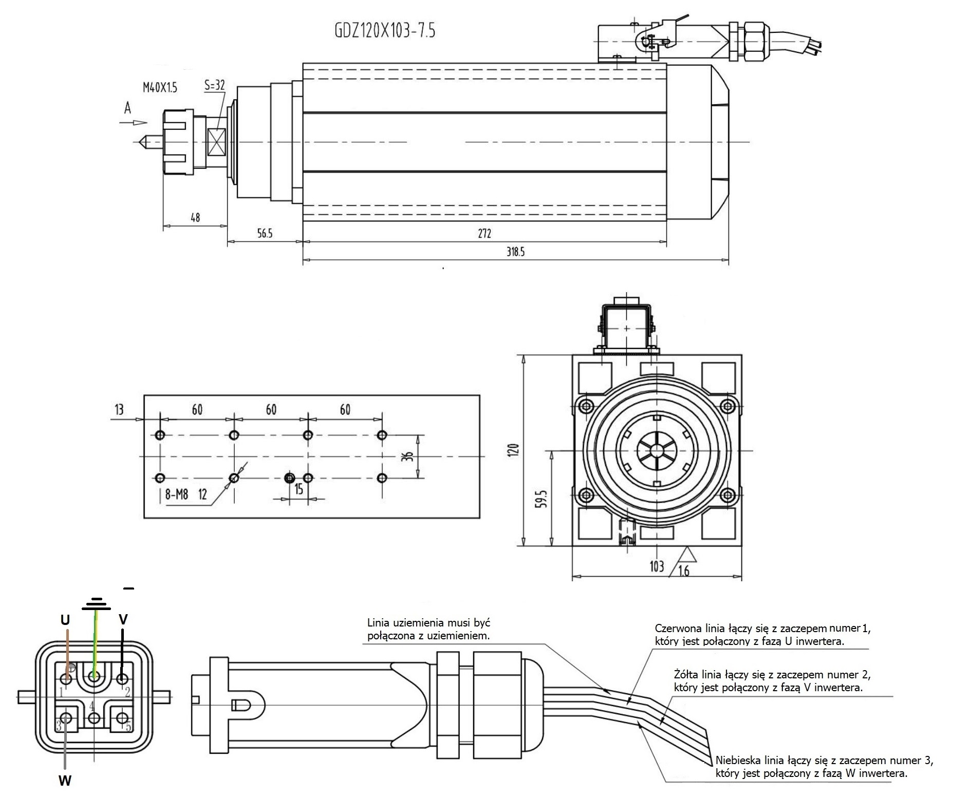 Elektrowrzeciono GDZ120x103 7.5kW 380V 18000rpm 300Hz ER32 Elektrowrzeciono GDZ120x103 7.5kW 380V 18000rpm 300Hz ER32