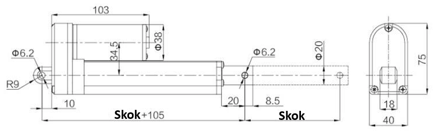Siłownik elektryczny liniowy FY017 750N, wysuw 100mm, 10mm/s, 24V