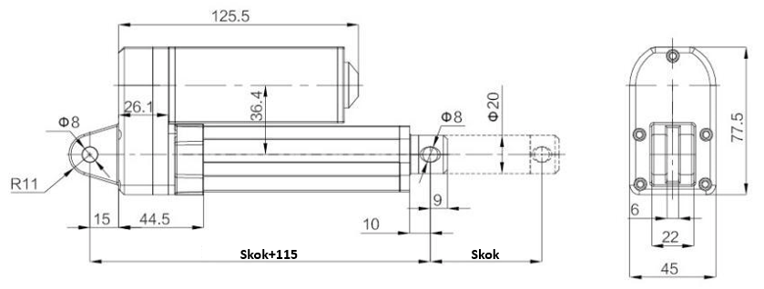 Siłownik elektryczny liniowy FY019 2000N, wysuw 500mm, 10mm/s, 24V