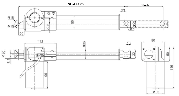 Siłownik elektryczny liniowy FY01 2500N, wysuw 400mm, 13mm/s, 24V