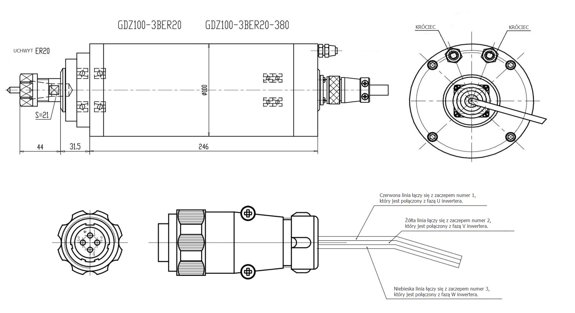 Elektrowrzeciono GDZ100-3B 3kW 230V 24000rpm 400Hz ER20 Elektrowrzeciono GDZ100-3B 3kW 230V 24000rpm 400Hz ER20