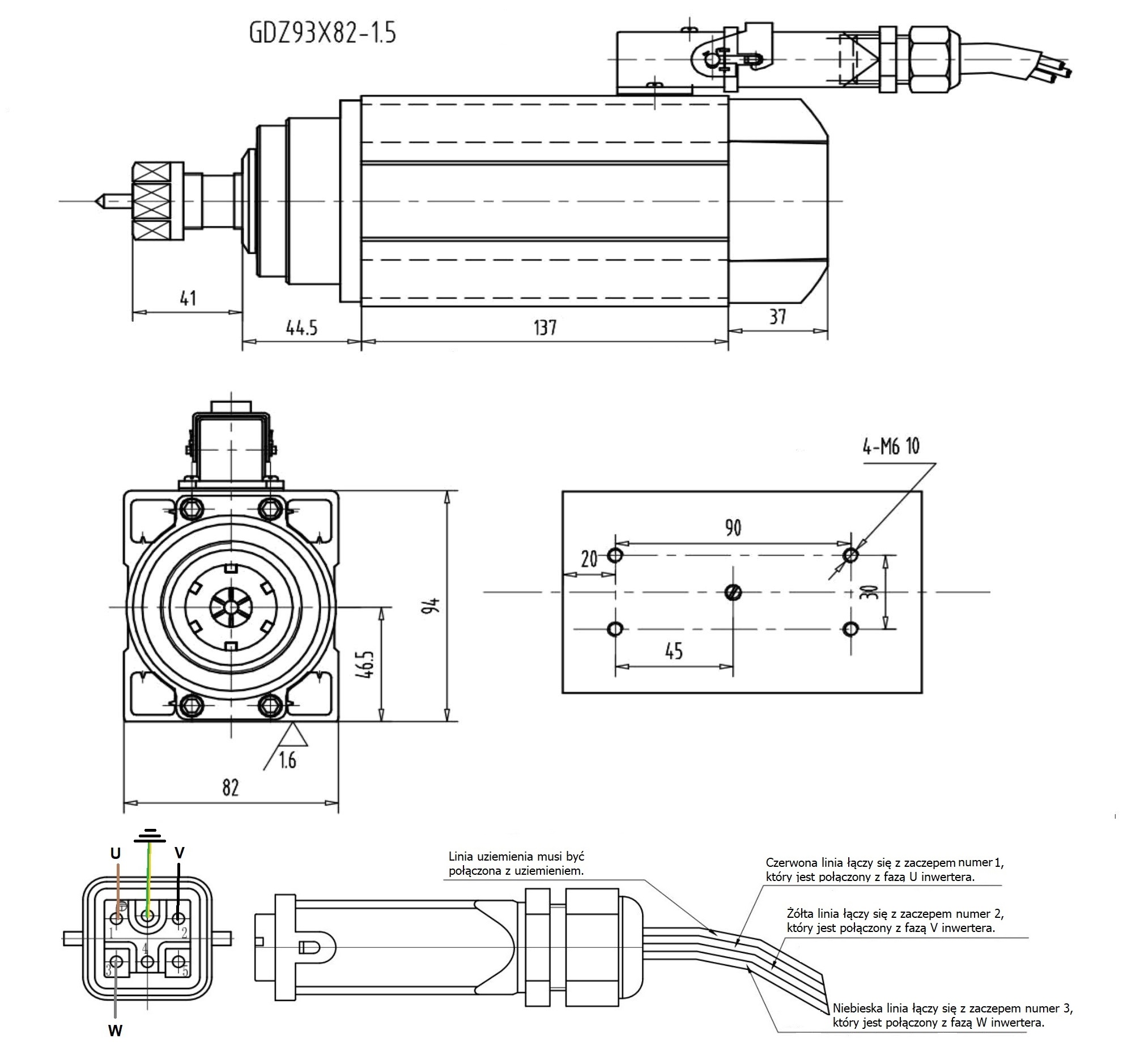 Elektrowrzeciono GDZ93X82 1.5kW 380V 18000rpm 300Hz ER25 DB Elektrowrzeciono GDZ93X82 1.5kW 380V 18000rpm 300Hz ER25 DB