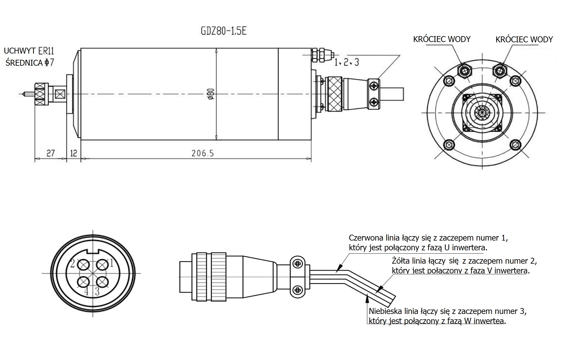 Elektrowrzeciono GDZ80 1.5kW 230V 24000rpm 400Hz ER11 Elektrowrzeciono GDZ80 1.5kW 230V 24000rpm 400Hz ER11