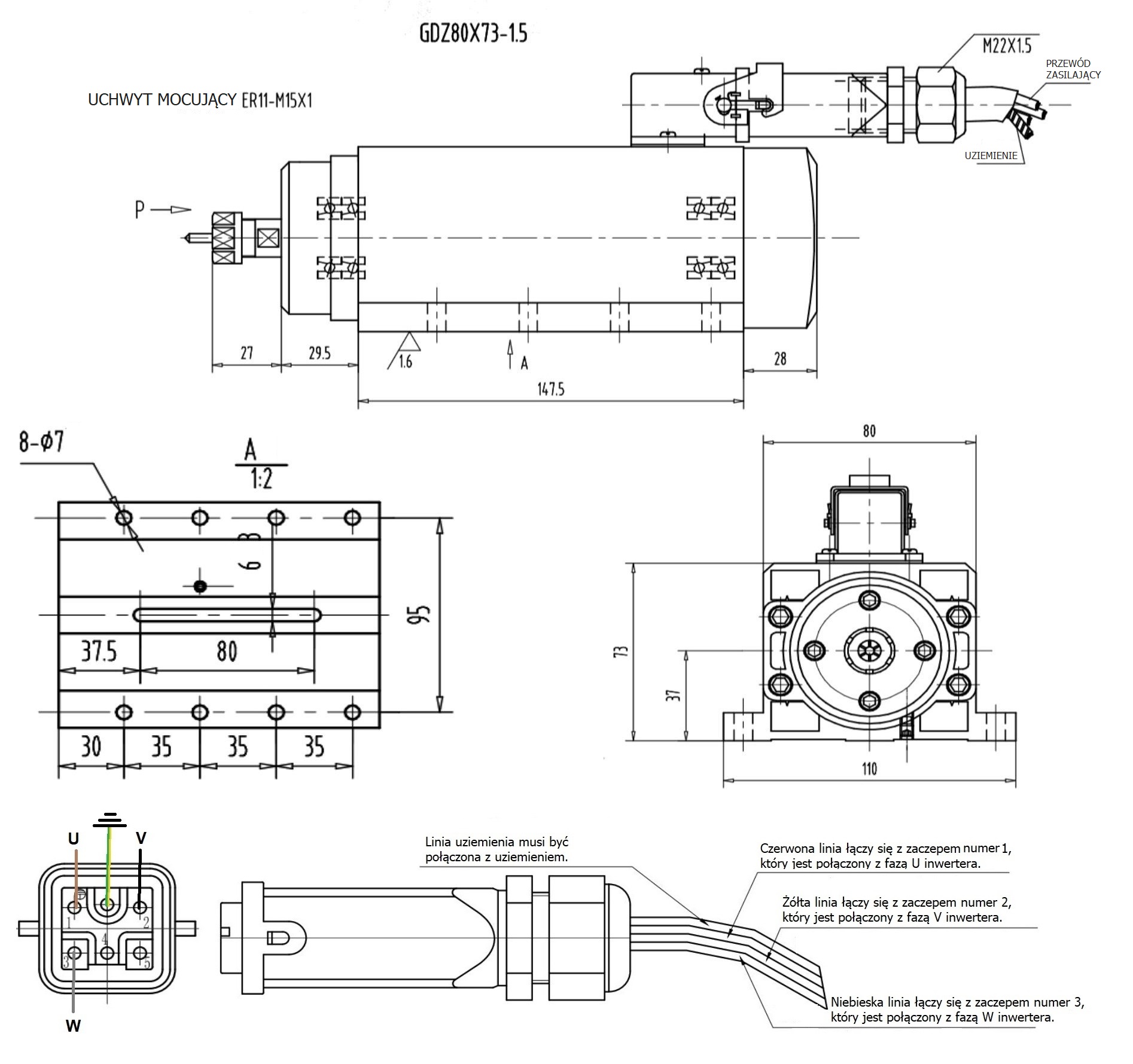 Elektrowrzeciono GDZ80x73 1.5kW 380V 24000rpm 400Hz ER11 Elektrowrzeciono GDZ80x73 1.5kW 380V 24000rpm 400Hz ER11