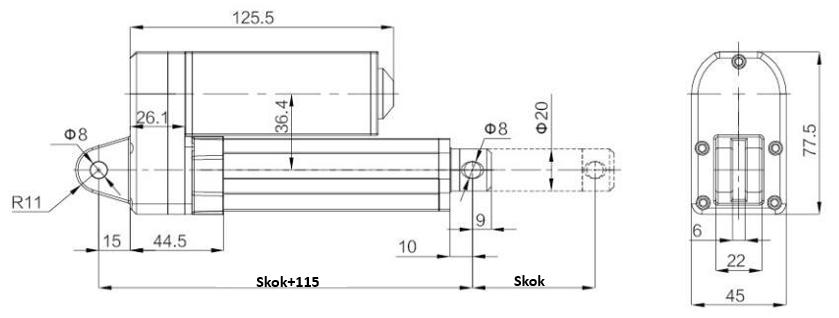 Siłownik elektryczny liniowy FY019 2000N, wysuw 400mm, 10mm/s, 24V