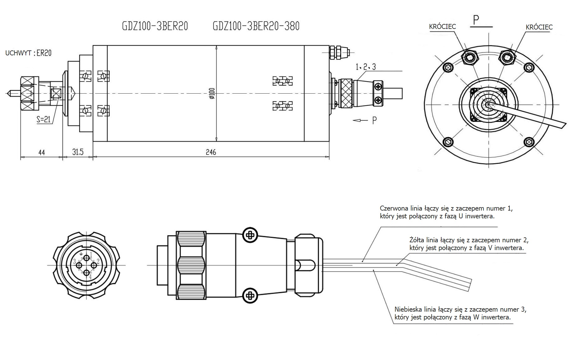 Elektrowrzeciono GDZ100 3kW 230V 240000rpm 400Hz ER20 Elektrowrzeciono GDZ100 3kW 230V 240000rpm 400Hz ER20