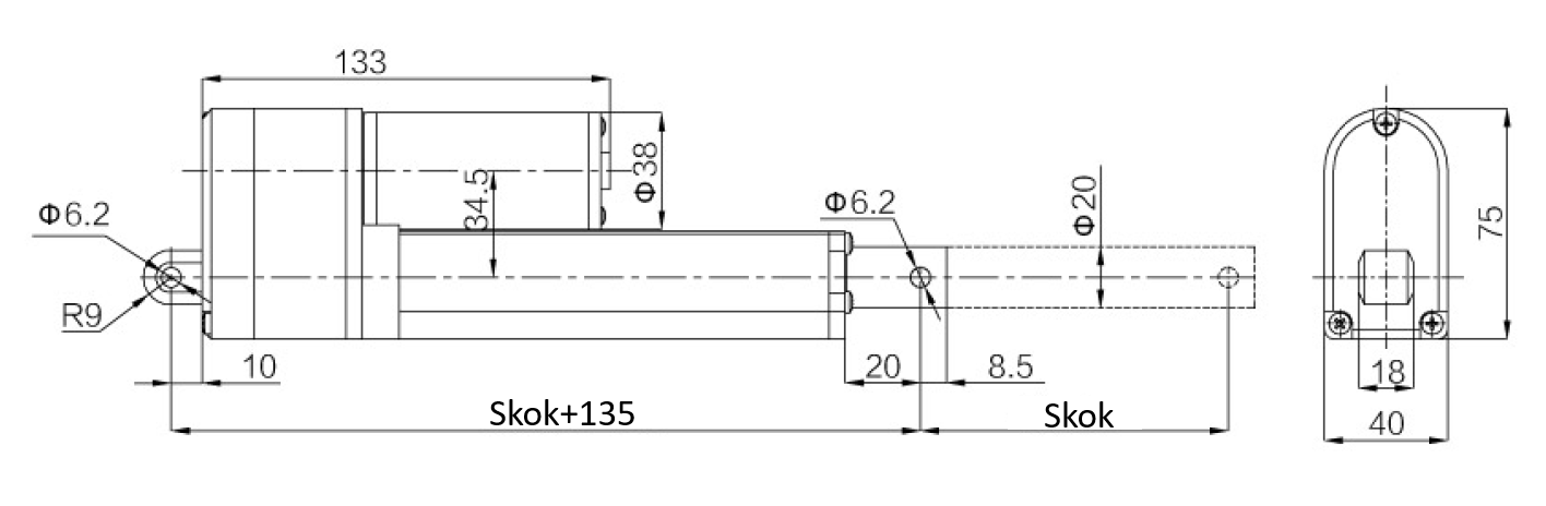 Siłownik elektryczny liniowy FY017 750N, wysuw 50mm, 10mm/s, 12V, analogowe sprzężenie zwrotne