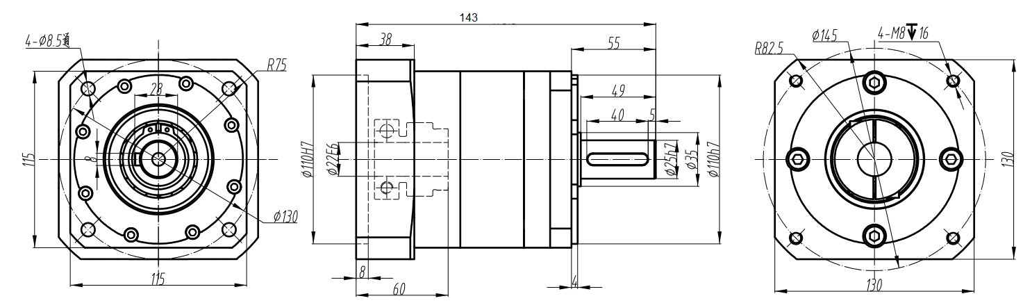 Przekładnia planetarna (SPLF130-010MA) SERVO 130x130 1:10 wał silnika 22mm Przekładnia planetarna (SPLF130-010MA) SERVO 130x130 1:10 wał silnika 22mm