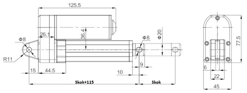 Siłownik elektryczny liniowy FY019 2000N, wysuw 150mm, 10mm/s, 24V