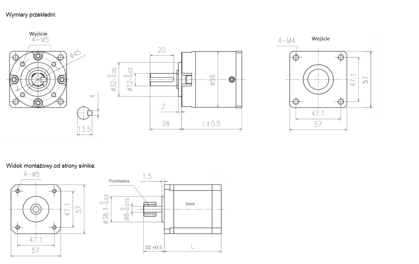 Przekładnia planetarna silnika krokowego SC57STH NEMA23 1:13 wał silnika 8mm