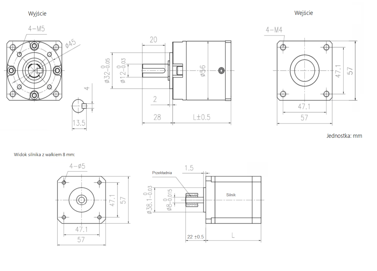 Przekładnia planetarna silnika krokowego SC57STH NEMA23 1:18 wał silnika 8mm