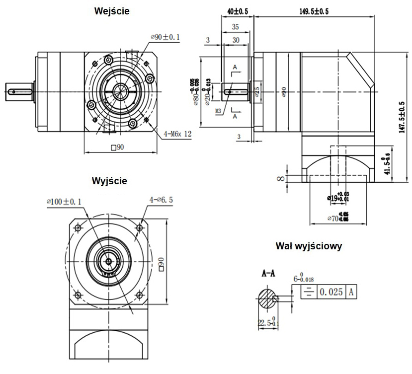 Przekładnia planetarna kątowa HPZS90-04MA SERVO 80x80 1:4 wał silnika 19mm Przekładnia planetarna kątowa HPZS90-04MA SERVO 80x80 1:4 wał silnika 19mm