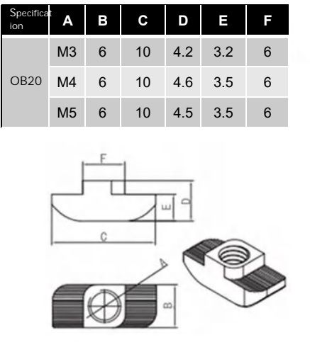 Nakrętka młoteczkowa M5 T-Nut do profili OB20 Nakrętka młoteczkowa M5 T-Nut do profili OB20