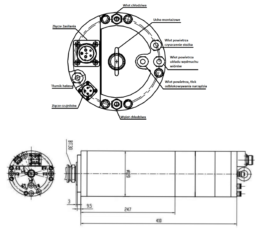 Elektrowrzeciono 120TD18Z 5.5kW 380V 18000rpm 400Hz ISO30 z automatyczną wymianą narzędzia Elektrowrzeciono 120TD18Z 5.5kW 380V 18000rpm 400Hz ISO30 z automatyczną wymianą narzędzia
