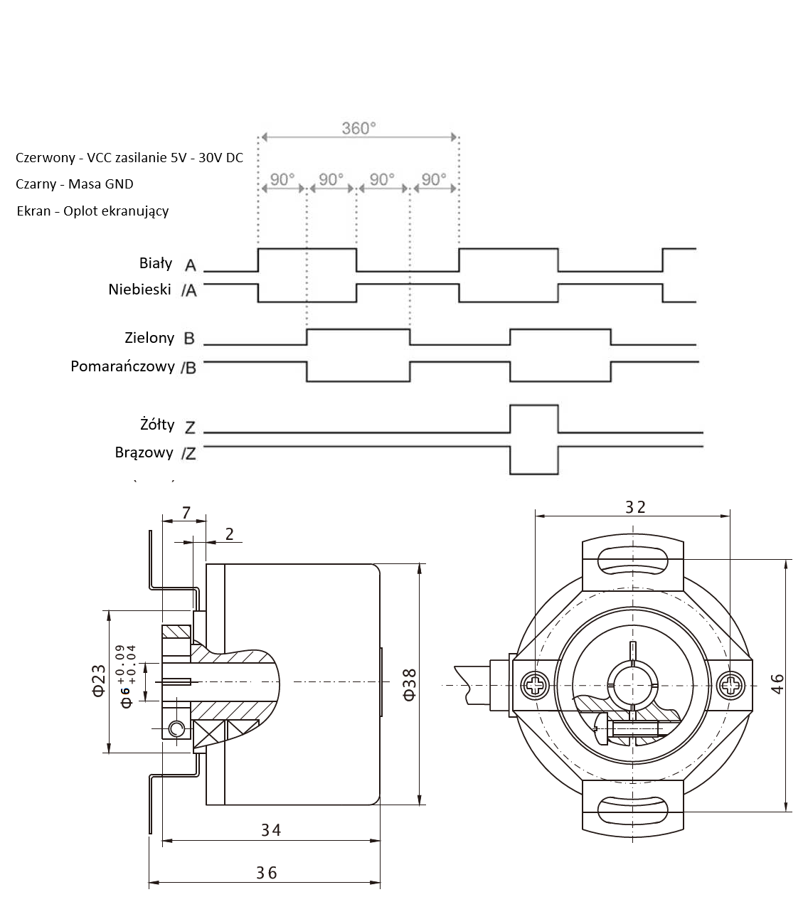 Enkoder inkrementalny obrotowy PKB3806-500-G5-30T, 500imp/obr, 5-30VDC, fi38mm, otwór 6mm, Line Driver Enkoder inkrementalny obrotowy PKB3806-500-G5-30T, 500imp/obr, 5-30VDC, fi38mm, otwór 6mm, Line Driver