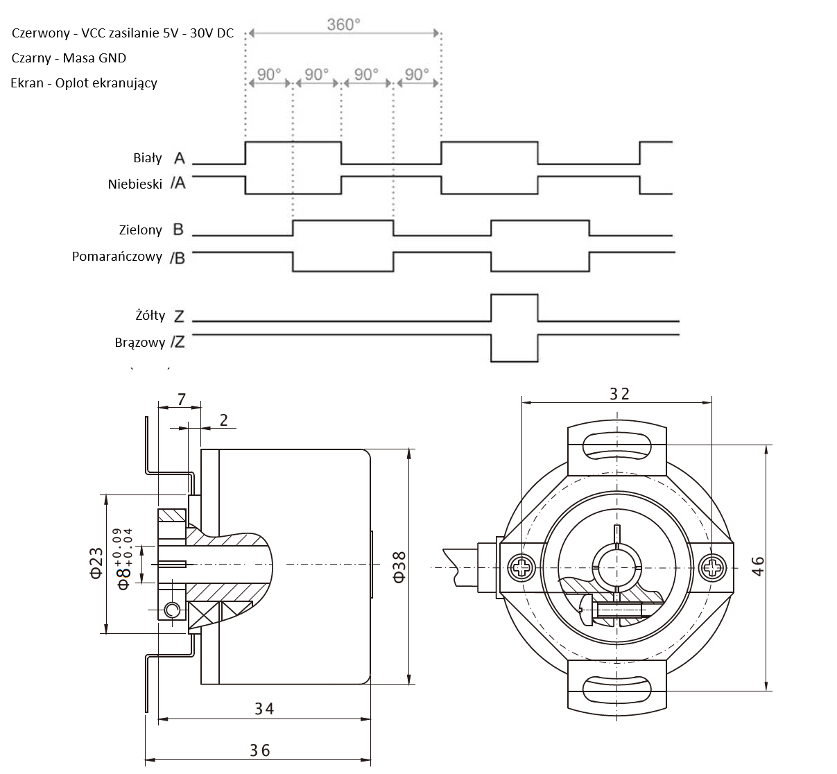 Enkoder inkrementalny obrotowy PKB3808-200-G5-30T, 200imp/obr, 5-30VDC, fi38mm, otwór 8mm, Line Driver Enkoder inkrementalny obrotowy PKB3808-200-G5-30T, 200imp/obr, 5-30VDC, fi38mm, otwór 8mm, Line Driver