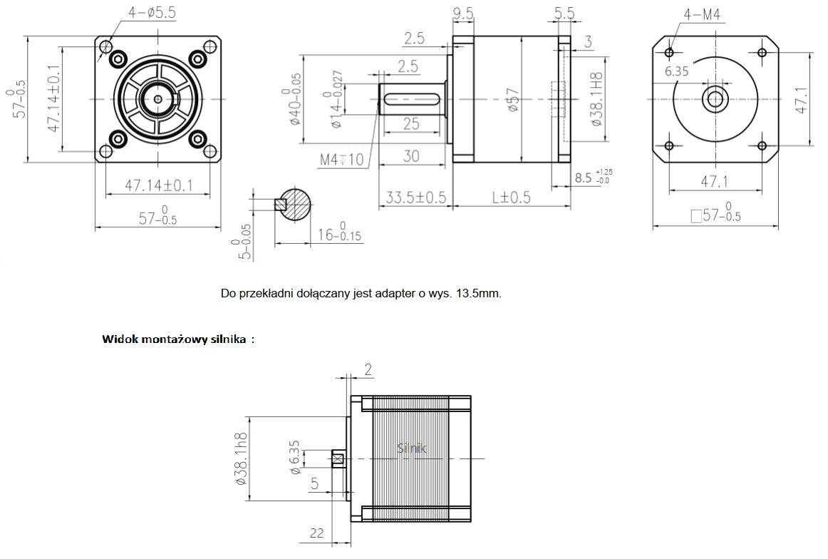 Przekładnia planetarna silnika krokowego SC57STH NEMA23 1:4 wał silnika 6.35mm