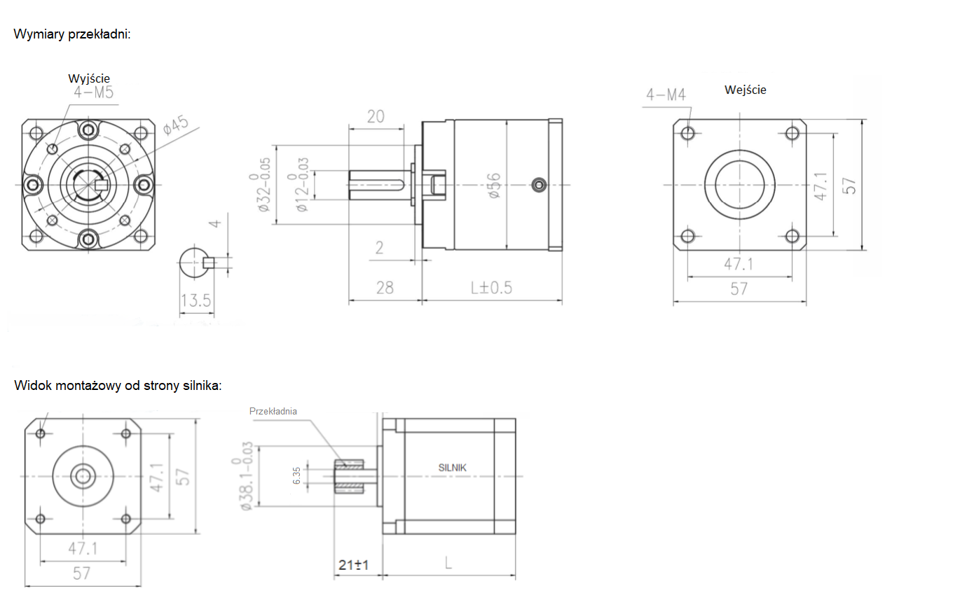 Przekładnia planetarna silnika krokowego SC57STH NEMA23 1:47 wał silnika 6.35mm