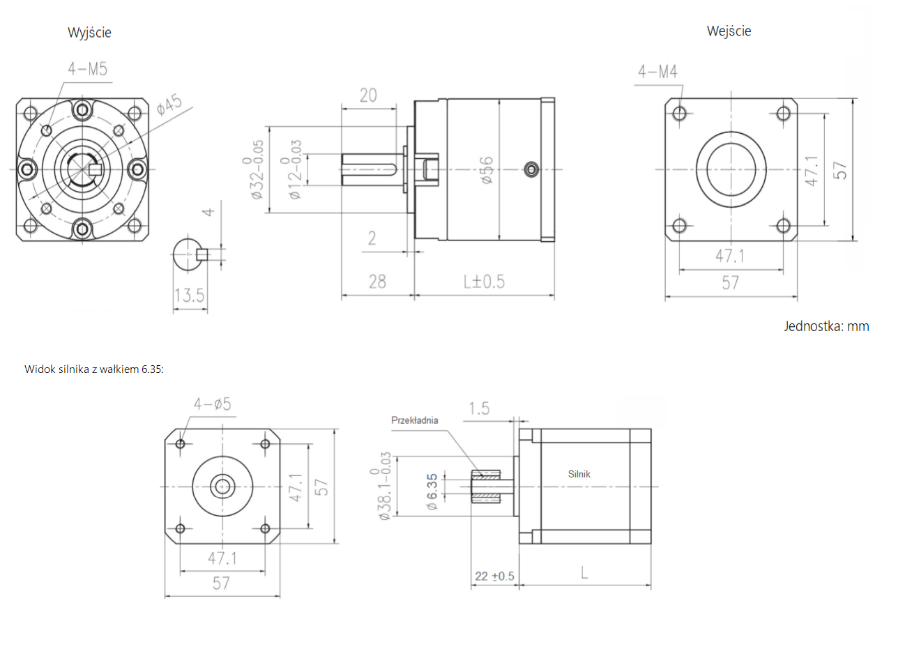 Przekładnia planetarna silnika krokowego SC57STH NEMA 23 1:55 wał silnika 6.35mm