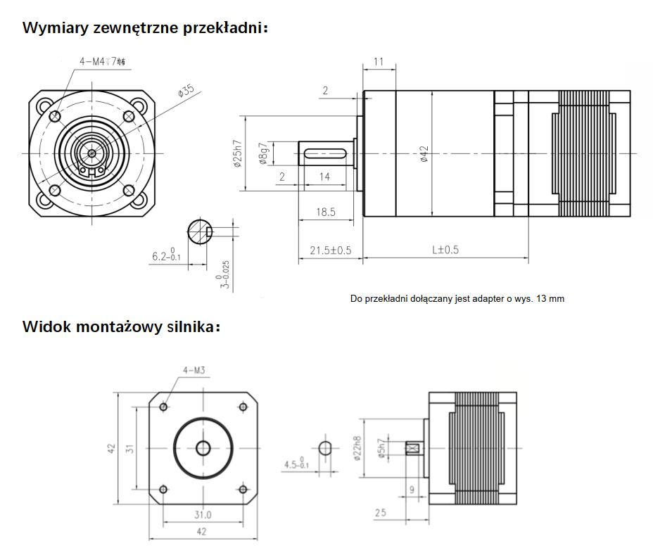 Przekładnia planetarna silnika krokowego SC42STH NEMA17 1:10 wał silnika 5mm