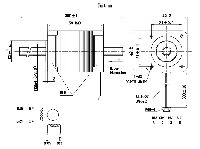 Silnik krokowy ze śrubą 42BYGH4003 - 0,8Nm 2A, T8x4 300mm Silnik krokowy ze śrubą 42BYGH4003 - 0,8Nm 2A, T8x4 300mm