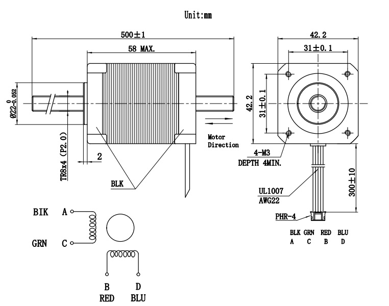 Silnik krokowy ze śrubą 42BYGH4003 - 0,8Nm 2A, T8x4 500mm Silnik krokowy ze śrubą 42BYGH4003 - 0,8Nm 2A, T8x4 500mm