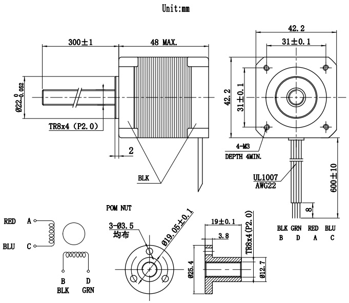 Silnik krokowy ze śrubą 42BYGH3002 - 0,62Nm 1,5A, T8x4 300mm Silnik krokowy ze śrubą 42BYGH3002 - 0,62Nm 1,5A, T8x4 300mm