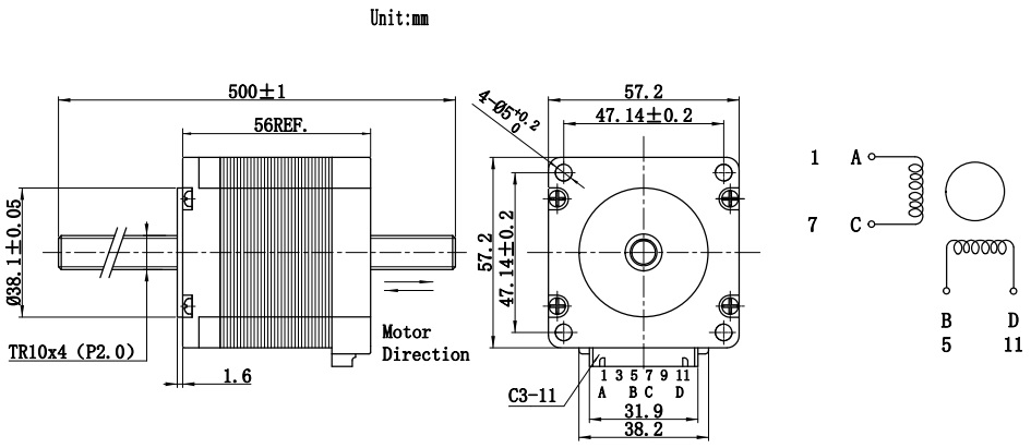 Silnik krokowy ze śrubą 57BYGH3302 - 1,5Nm, 2,5A T10x4 500mm Silnik krokowy ze śrubą 57BYGH3302 - 1,5Nm, 2,5A T10x4 500mm