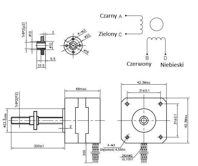Silnik krokowy+ śruba Tr8x2 300mm SM42/47-1684W - 0.44Nm Silnik krokowy+ śruba Tr8x2 300mm SM42/47-1684W - 0.44Nm