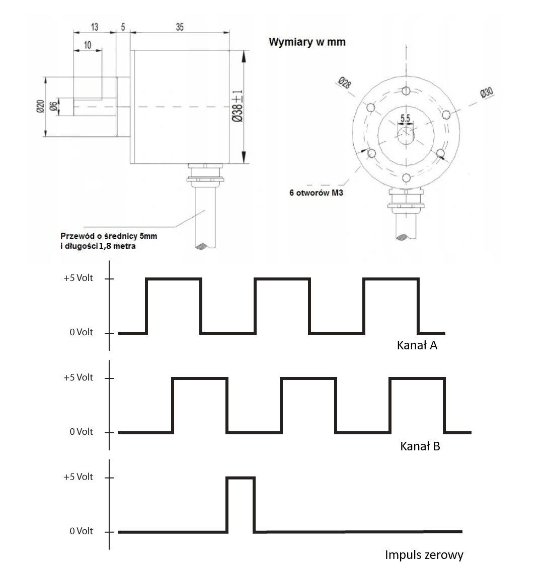 Enkoder inkrementalny obrotowy PIB3806-720-G5-24-C, 720imp/obr, 5-24VDC, fi 38, wałek 6, OC Enkoder inkrementalny obrotowy PIB3806-720-G5-24-C, 720imp/obr, 5-24VDC, fi 38, wałek 6, OC