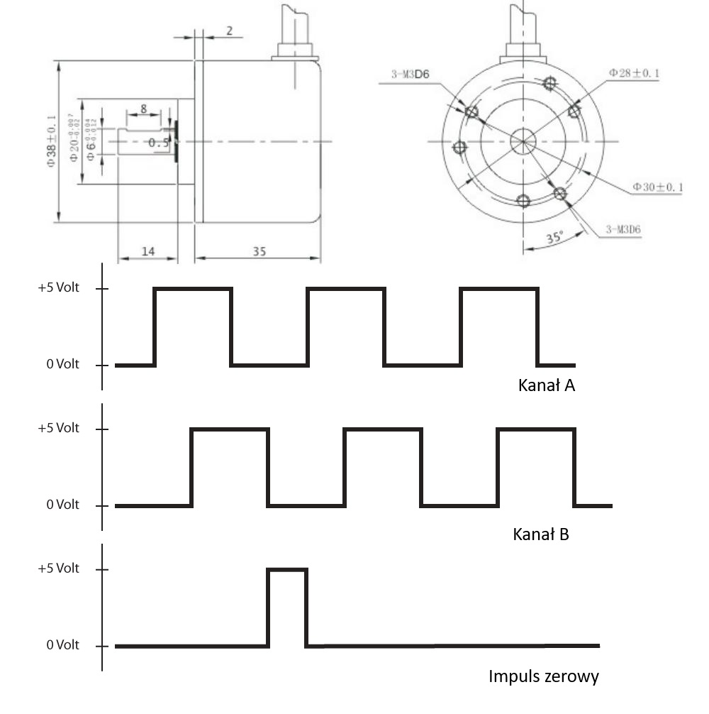 Enkoder inkrementalny obrotowy PIB3806-500-G5-24-C, 500imp/obr, 5-24VDC, fi38, wałek 6mm, OC Enkoder inkrementalny obrotowy PIB3806-500-G5-24-C, 500imp/obr, 5-24VDC, fi38, wałek 6mm, OC