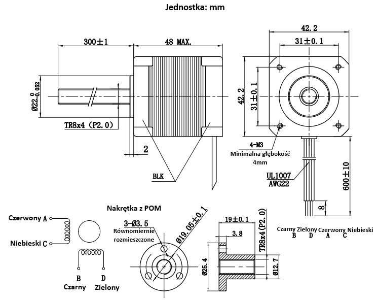 Silnik krokowy ze śrubą 42BYGH3002 - 0,62Nm 1,5A, T8x4 300mm Silnik krokowy ze śrubą 42BYGH3002 - 0,62Nm 1,5A, T8x4 300mm