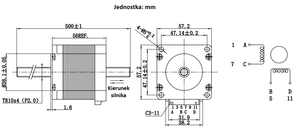 Silnik krokowy ze śrubą 57BYGH3302 - 1,5Nm, 2,5A T10x4 500mm Silnik krokowy ze śrubą 57BYGH3302 - 1,5Nm, 2,5A T10x4 500mm