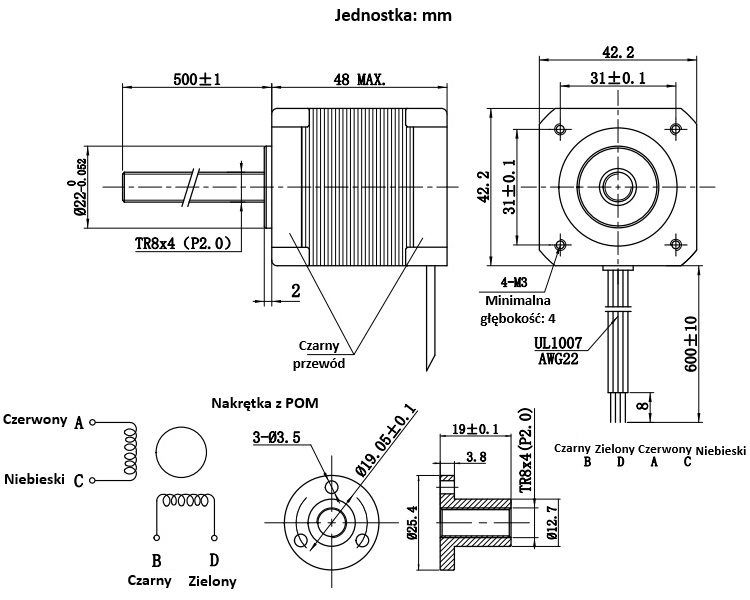 Silnik krokowy ze śrubą 42BYGH3002 - 0,62Nm 1,5A, T8x4 500mm Silnik krokowy ze śrubą 42BYGH3002 - 0,62Nm 1,5A, T8x4 500mm