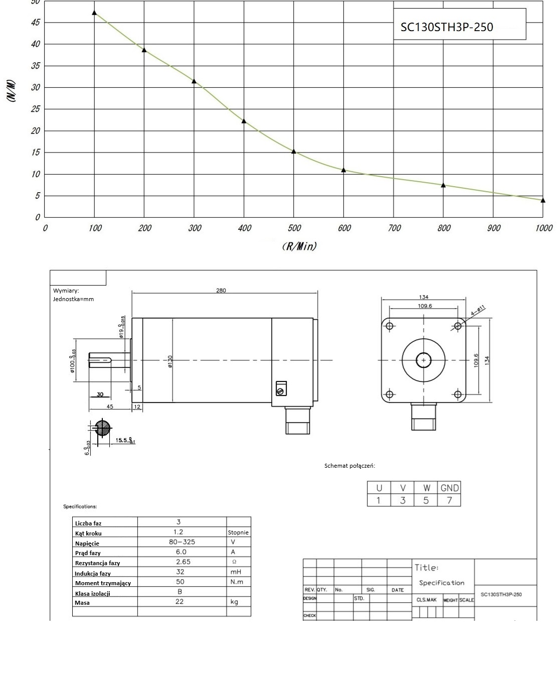 Silnik krokowy SC130STH3P-250 - 50Nm Silnik krokowy SC130STH3P-250 - 50Nm