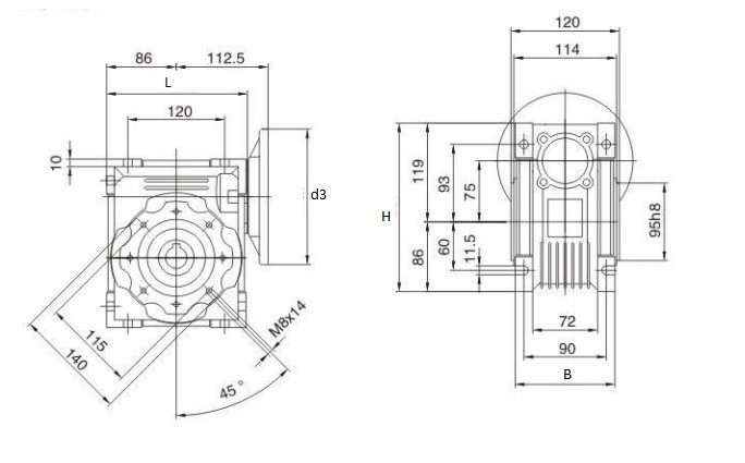 Przekładnia ślimakowa przełożenie 100:1 RV75-100-80B14 Przekładnia ślimakowa przełożenie 100:1 RV75-100-80B14