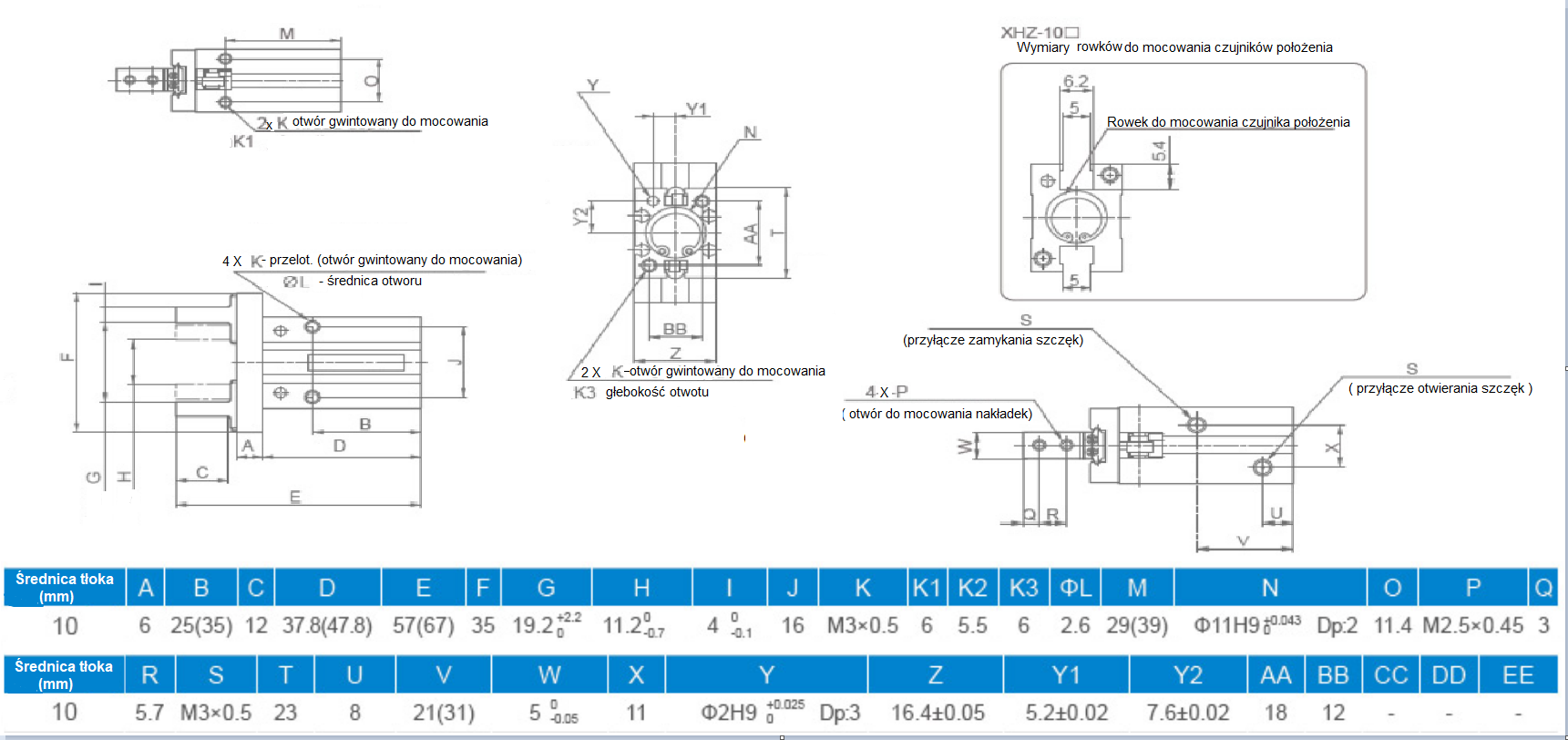 Chwytak pneumatyczny równoległy 10mm XHZ2-10D Chwytak pneumatyczny równoległy 10mm XHZ2-10D