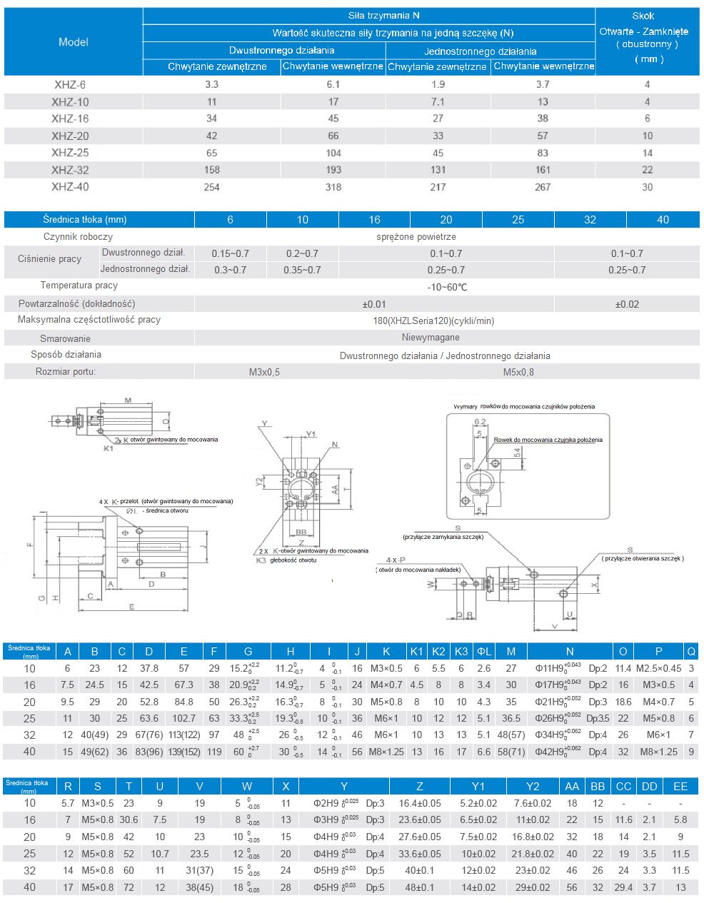 Chwytak pneumatyczny równoległy 40mm XHZ2-40D Chwytak pneumatyczny równoległy 40mm XHZ2-40D