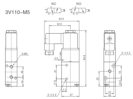 Elektrozawór pneumatyczny 3V110-M5 DC24V 3/2 monostabilny M5 Elektrozawór pneumatyczny 3V110-M5 DC24V 3/2 monostabilny M5