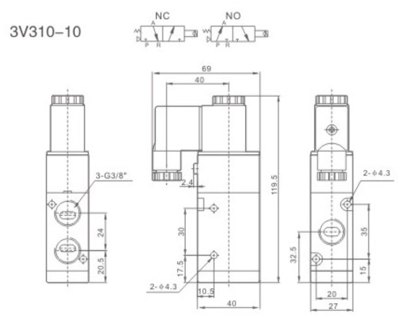 Elektrozawór pneumatyczny 3V310-10 DC24V 3/2 monostabilny 3/8" Elektrozawór pneumatyczny 3V310-10 DC24V 3/2 monostabilny 3/8"