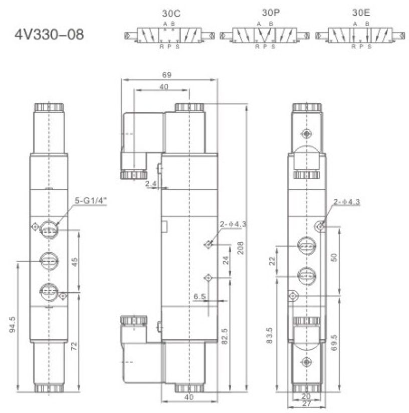 Elektrozawór pneumatyczny 4V330-08-DC24V 5/3 bistabilny 1/4" Elektrozawór pneumatyczny 4V330-08-DC24V 5/3 bistabilny 1/4"