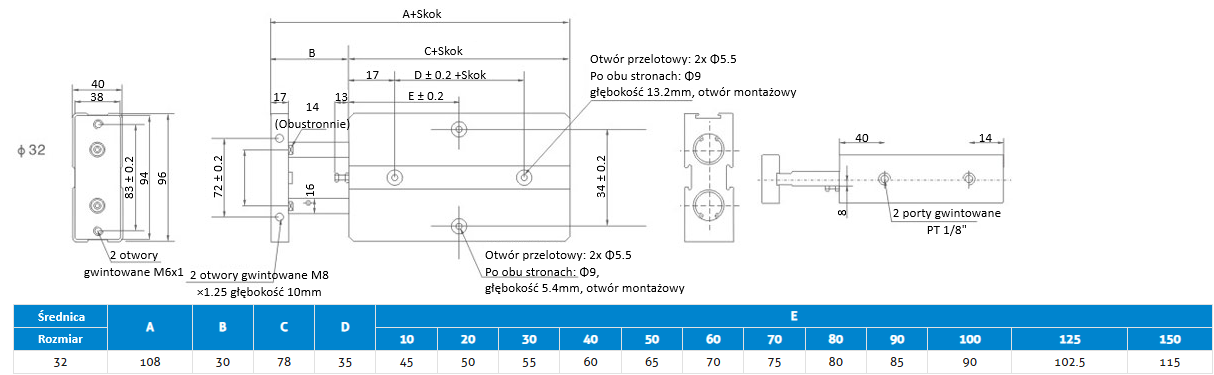 Siłownik pneumatyczny kompaktowy TN 32x20 Dwutłokowy z magnesem Siłownik pneumatyczny kompaktowy TN 32x20 Dwutłokowy z magnesem